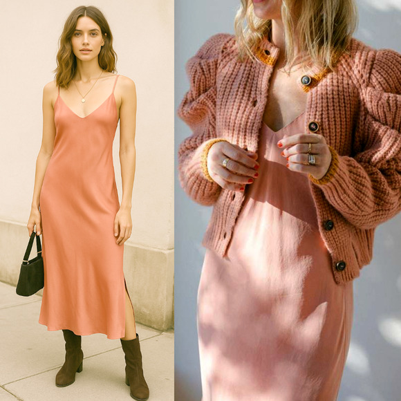 NEW! Anine Bing XS Silky Bay Slip Dress Midi Sexy 90's Style Rose Pink VNeck 0 2 - Picture 9 of 16